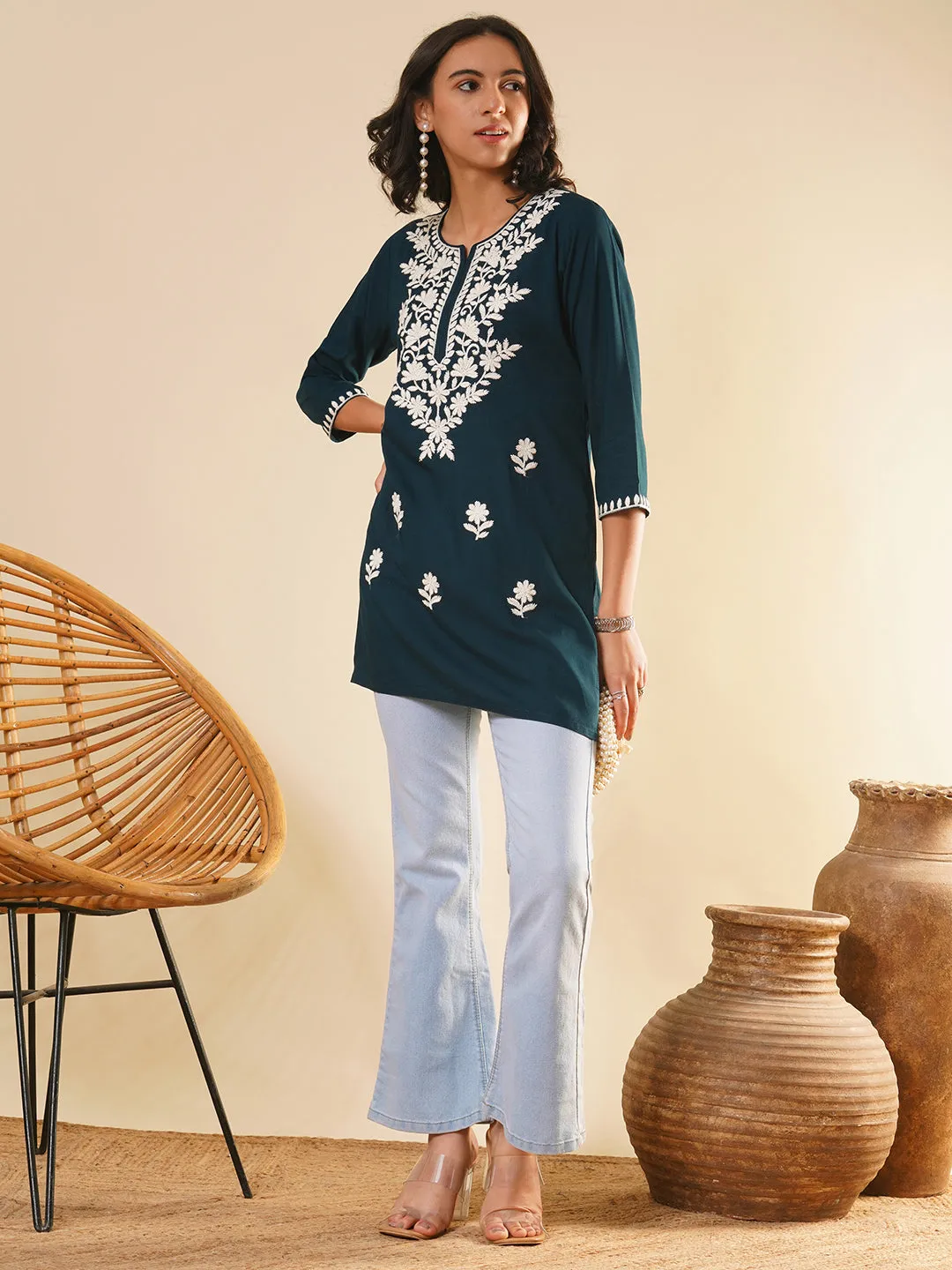 Buy Round Neckline Teal Comfort Fit Rayon Tunic For Women Online - Zola
