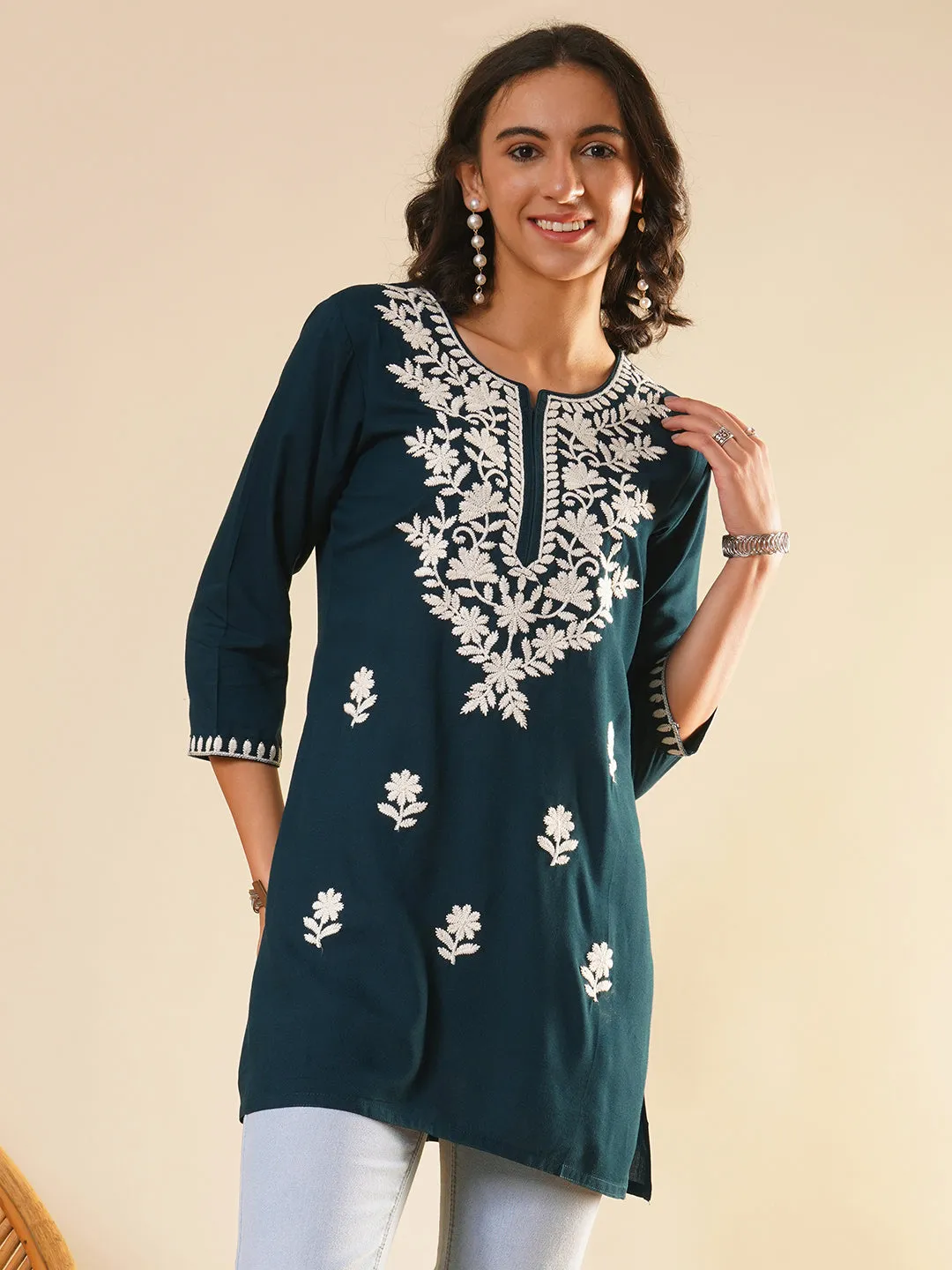 Buy Round Neckline Teal Comfort Fit Rayon Tunic For Women Online - Zola
