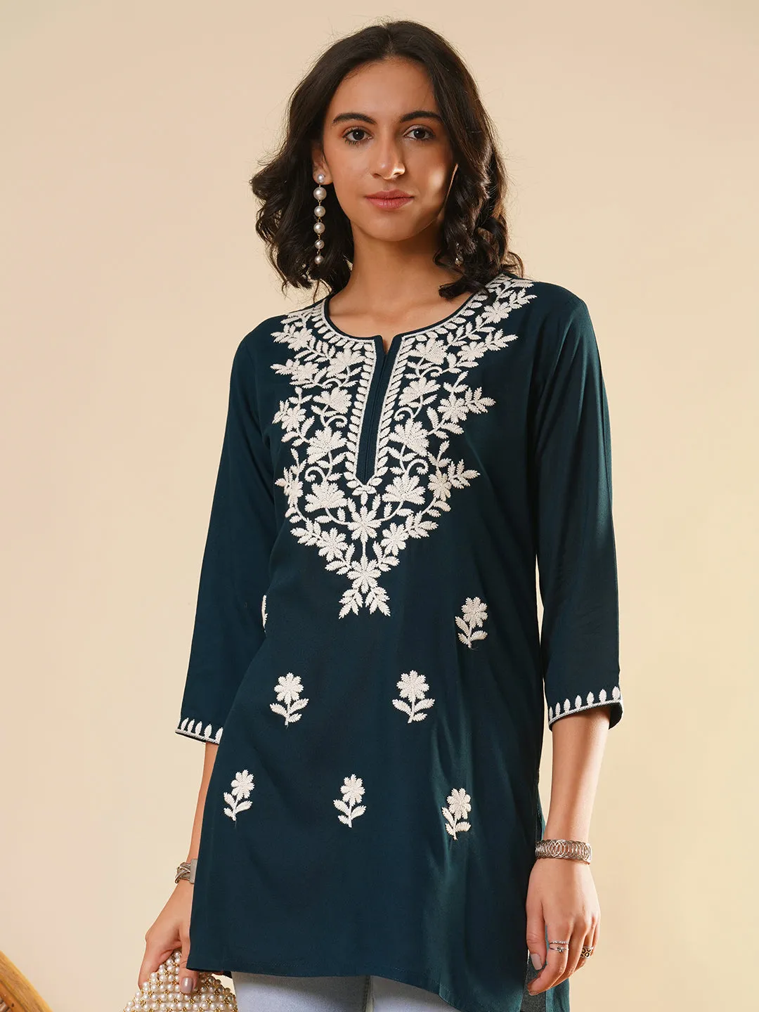 Buy Round Neckline Teal Comfort Fit Rayon Tunic For Women Online - Zola