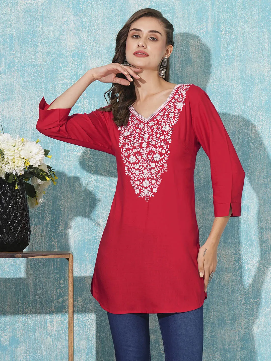 Buy V Neck Red Comfort Fit Rayon Tunic For Women Online - Zola