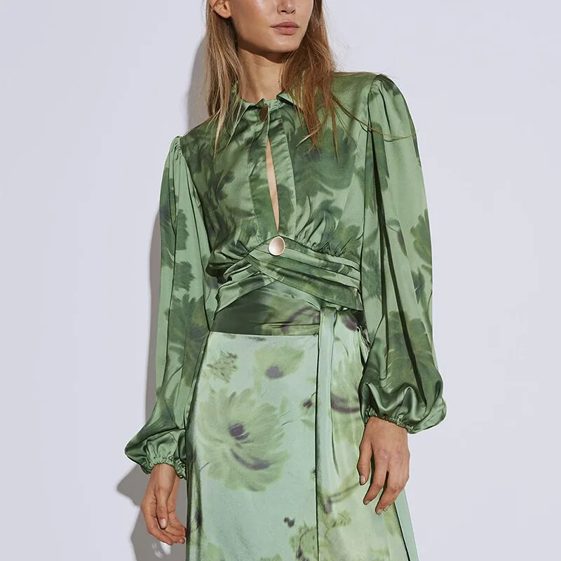 Casual Print Women Blouses Lapel Collar Lantern  Hollow Out Shirts