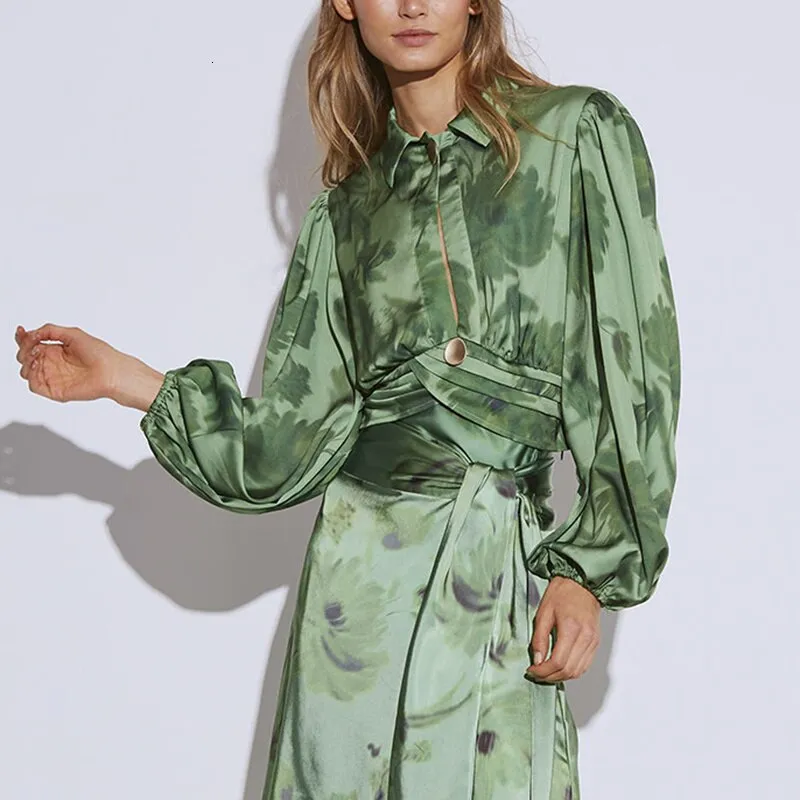 Casual Print Women Blouses Lapel Collar Lantern  Hollow Out Shirts