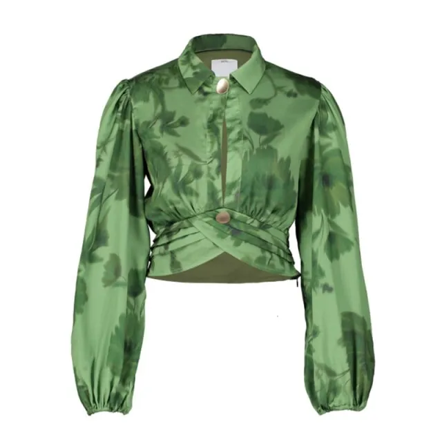 Casual Print Women Blouses Lapel Collar Lantern  Hollow Out Shirts