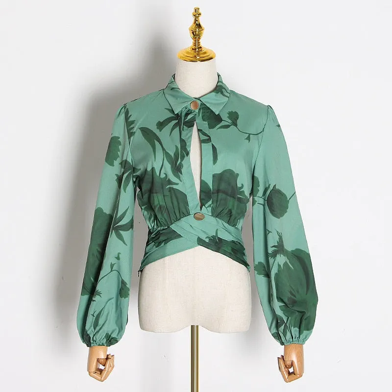 Casual Print Women Blouses Lapel Collar Lantern  Hollow Out Shirts