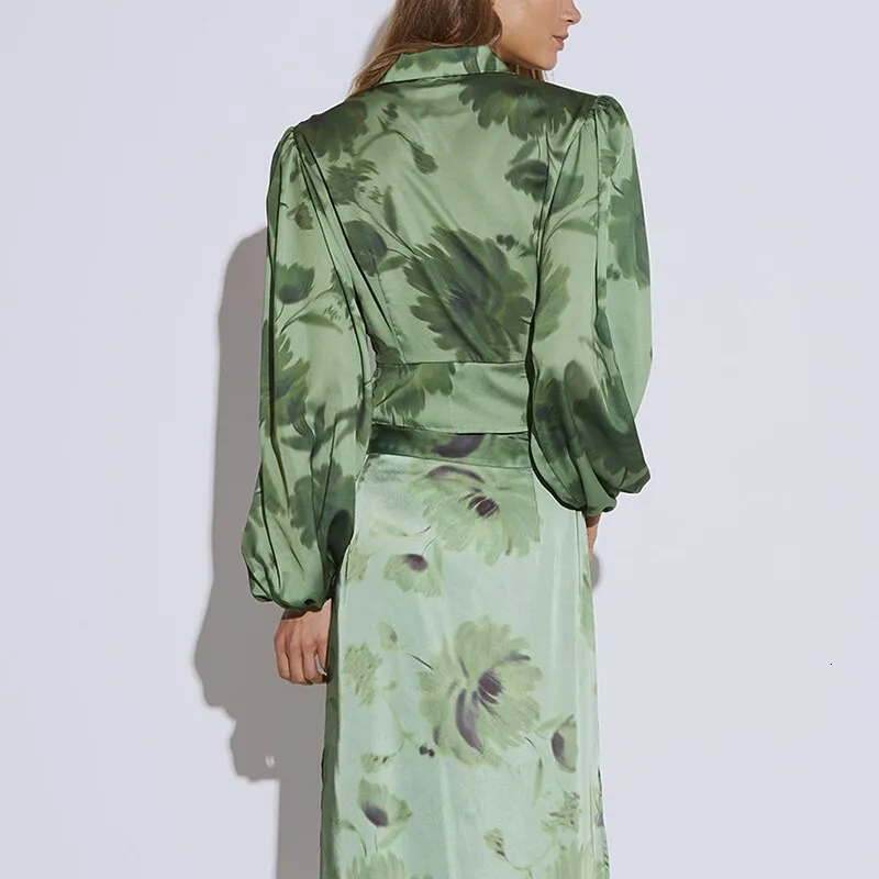 Casual Print Women Blouses Lapel Collar Lantern  Hollow Out Shirts