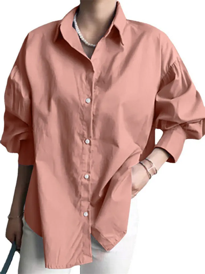 Casual Puff Sleeve Single Breasted Loose Shirt for Office Lady