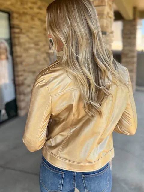 Champagne Liquid Sheen Solid Moto Jacket by Clara Sun Woo
