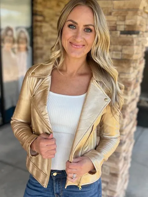 Champagne Liquid Sheen Solid Moto Jacket by Clara Sun Woo