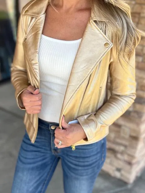 Champagne Liquid Sheen Solid Moto Jacket by Clara Sun Woo