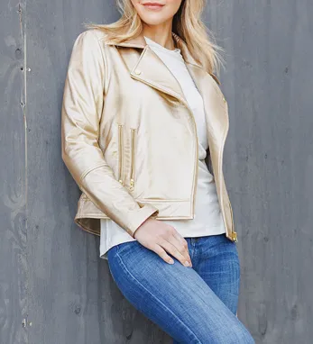 Champagne Liquid Sheen Solid Moto Jacket by Clara Sun Woo