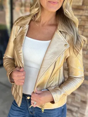 Champagne Liquid Sheen Solid Moto Jacket by Clara Sun Woo