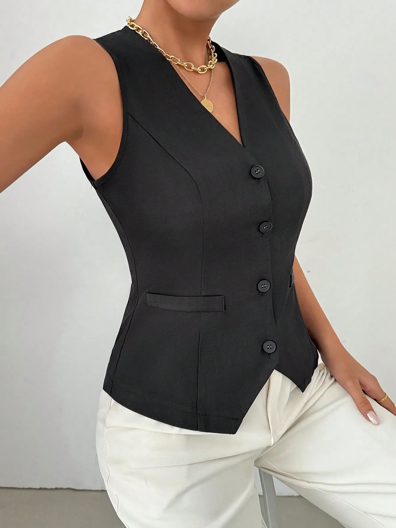 Chaqueta De Traje De Chaleco Corto Negro Para Damas
