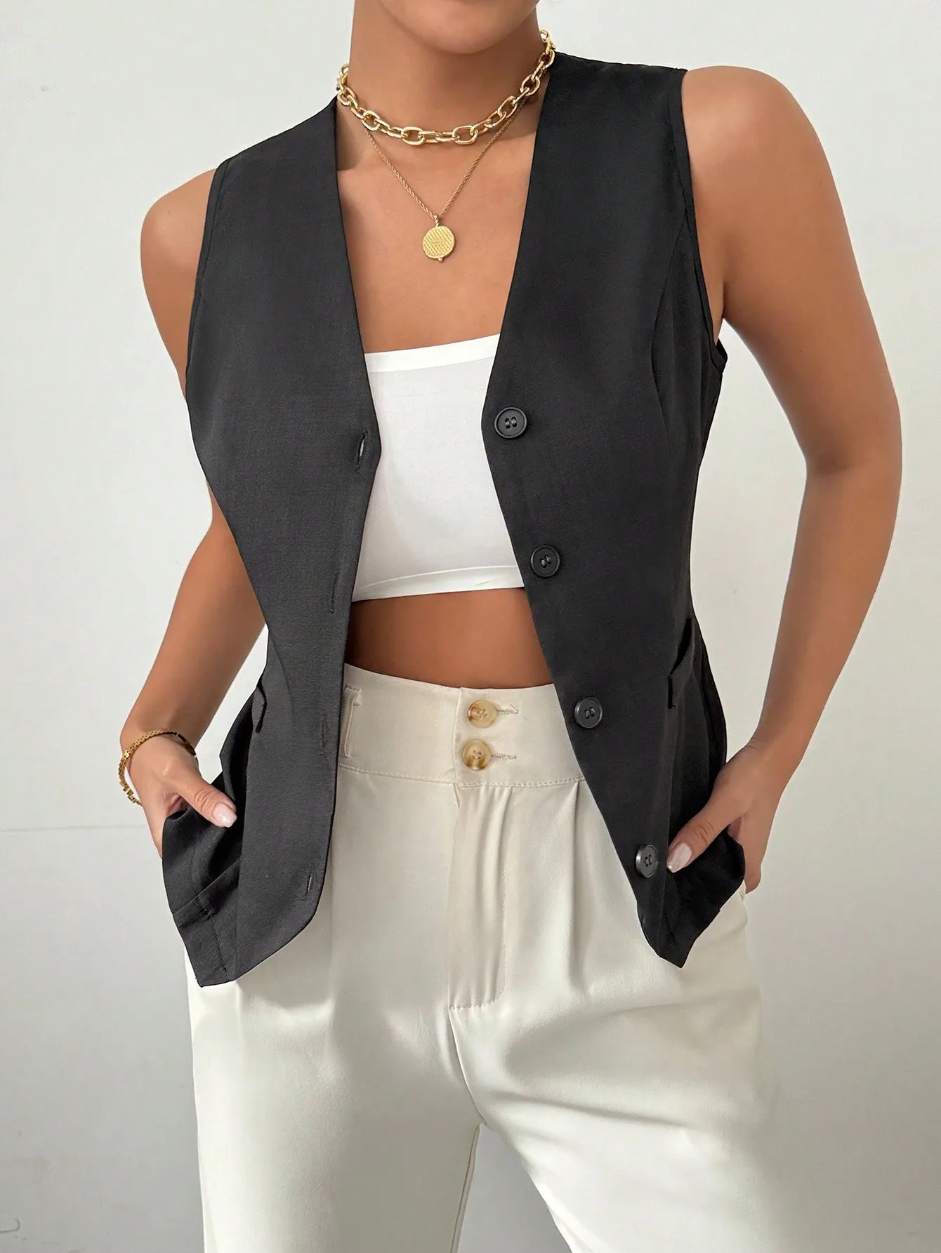 Chaqueta De Traje De Chaleco Corto Negro Para Damas