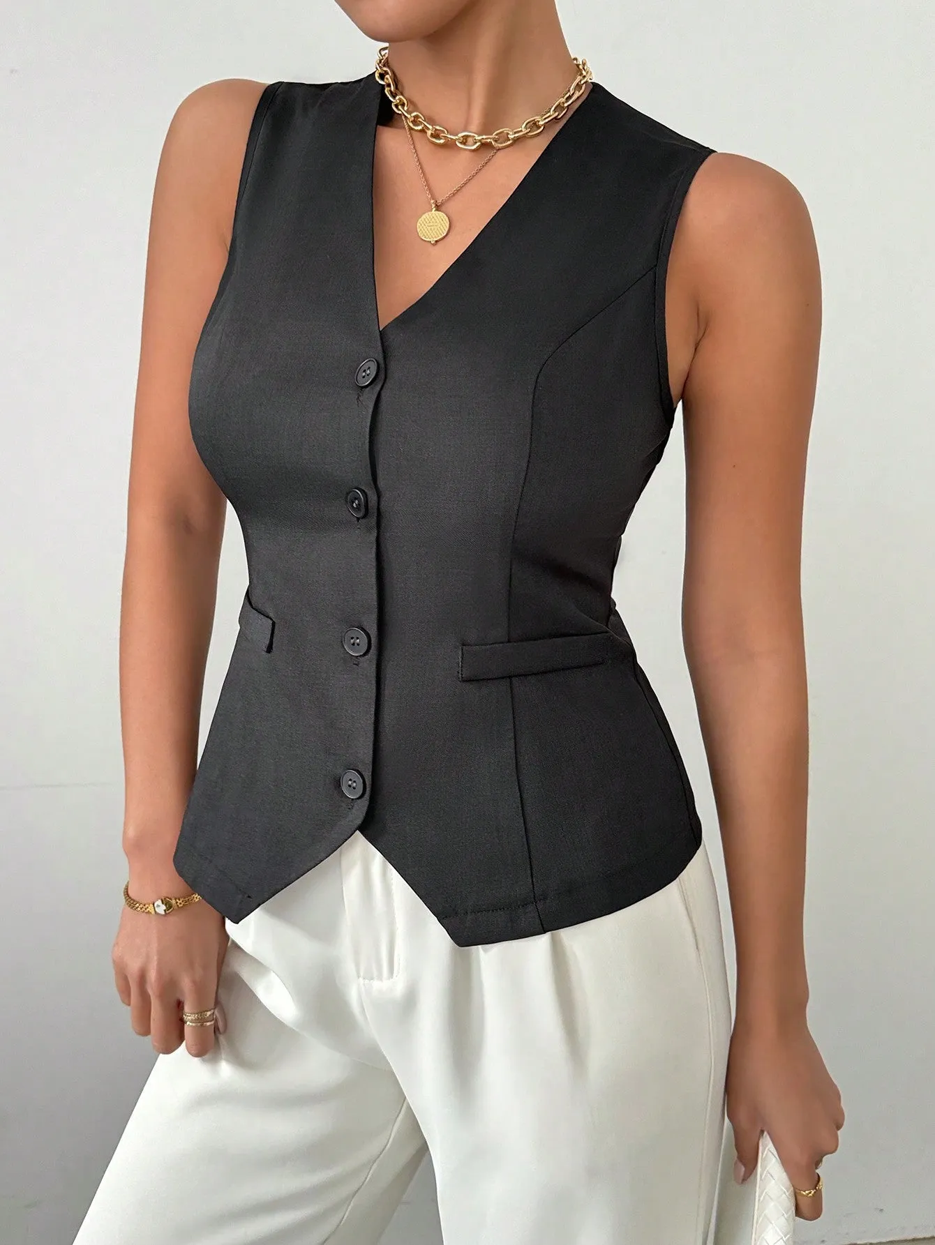 Chaqueta De Traje De Chaleco Corto Negro Para Damas