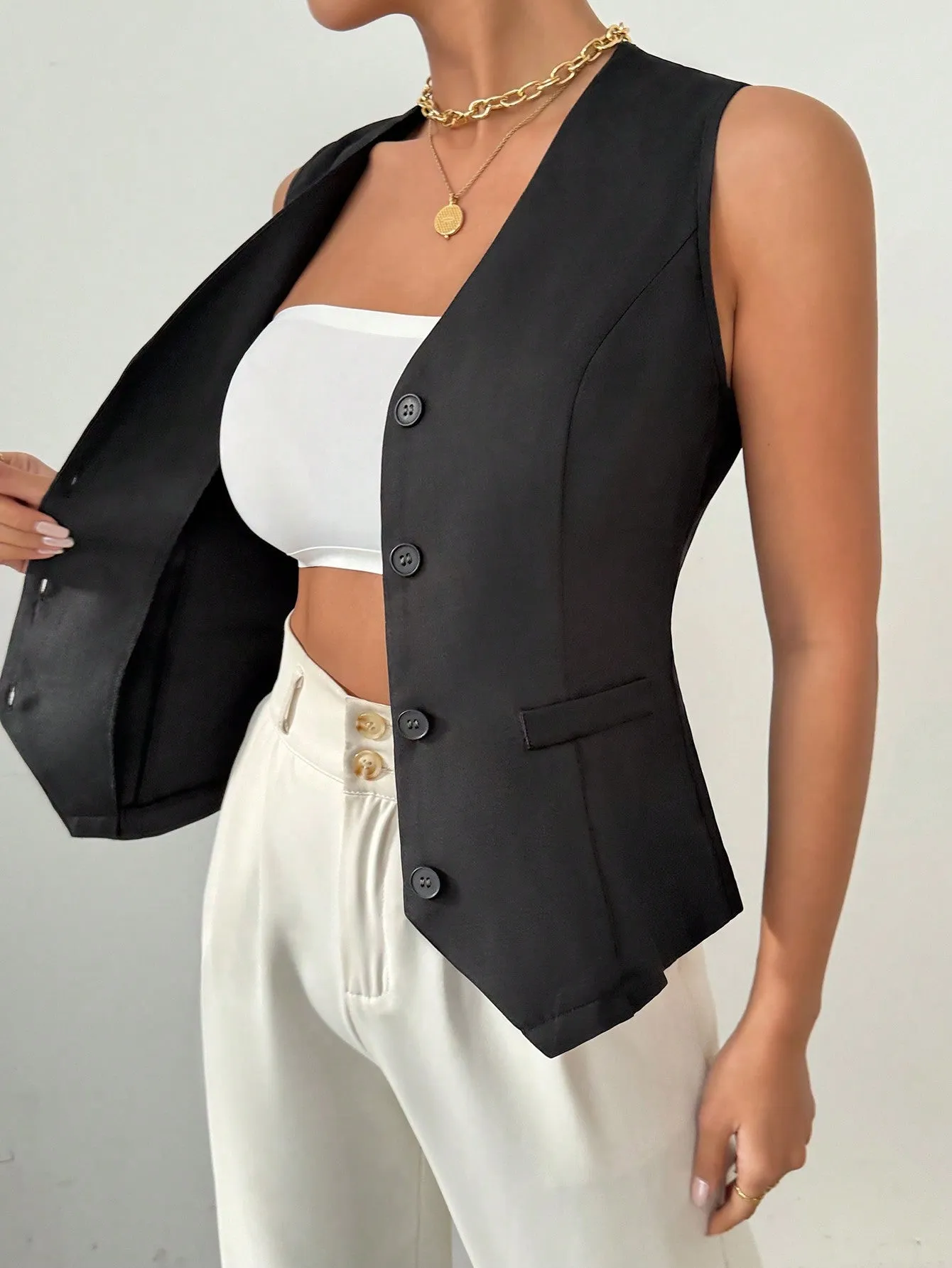 Chaqueta De Traje De Chaleco Corto Negro Para Damas