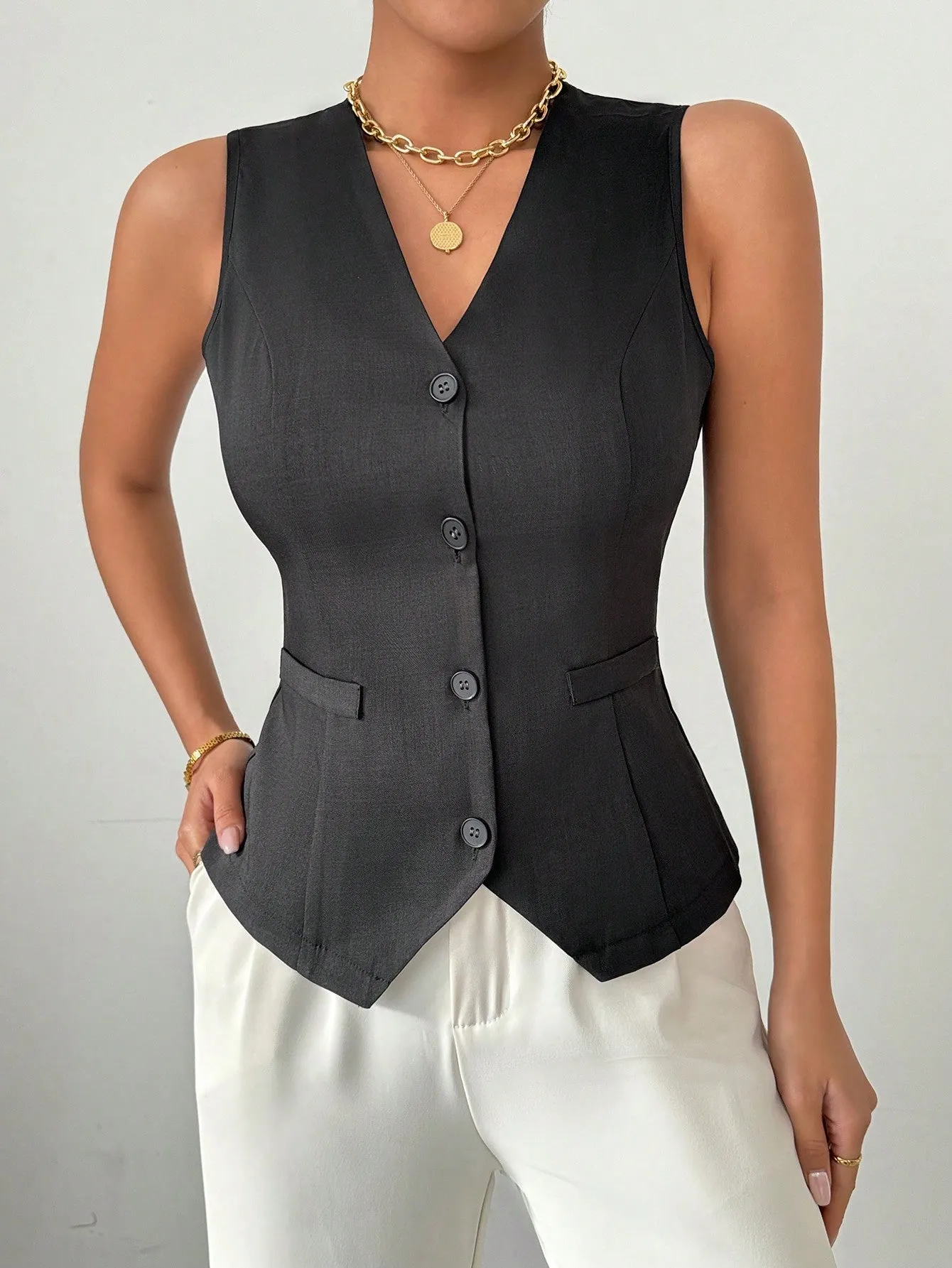 Chaqueta De Traje De Chaleco Corto Negro Para Damas
