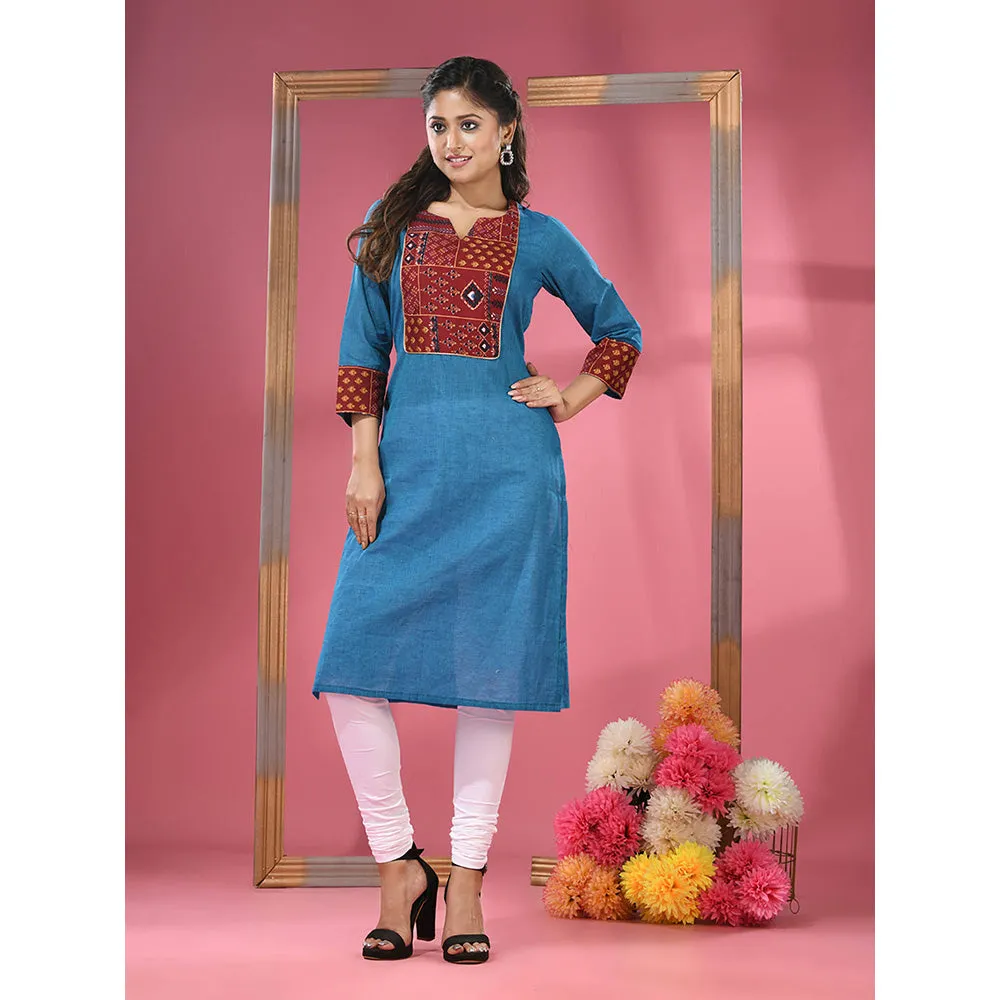 CHARUKRITI Sapphire Blue Cotton Straight Kurta