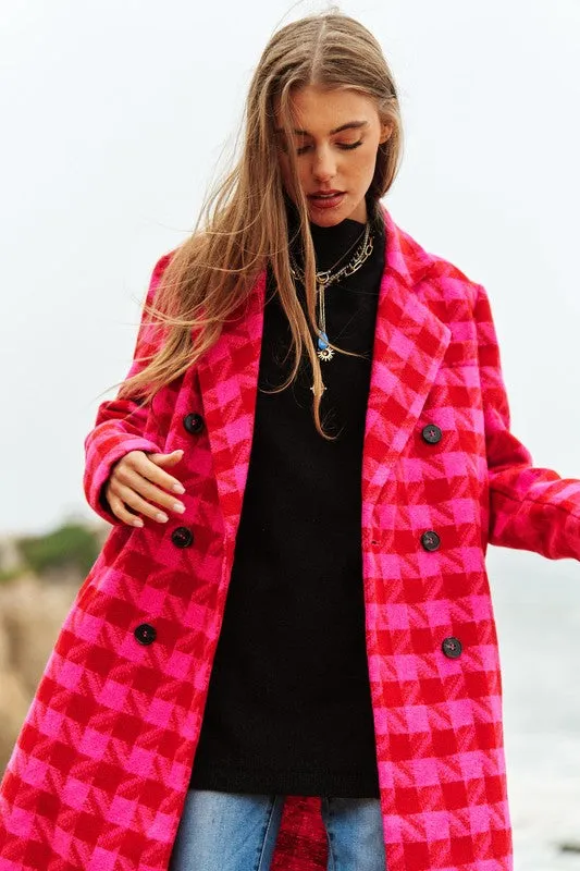 Checkered Pink and Red Tweed Coat