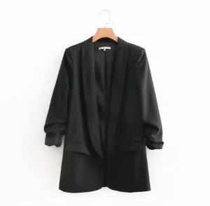Chic Candy Color Ruched Cuff Suit with Lining - Stylish Mid Long Blazer for Women