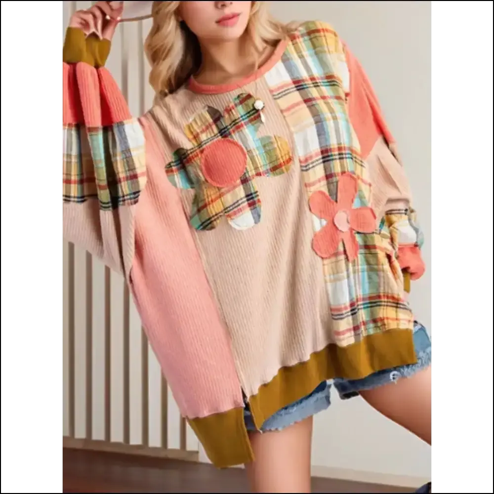 Chic Slit Plaid Long Sleeve Sweatshirt