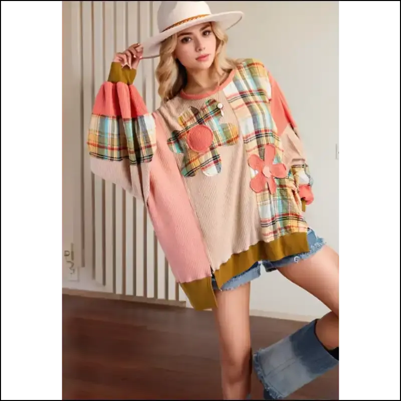 Chic Slit Plaid Long Sleeve Sweatshirt