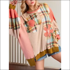 Chic Slit Plaid Long Sleeve Sweatshirt