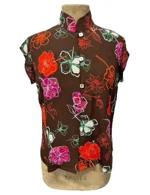 Chocolate Brown Spring Floral Mandarin Collar Tea Timer Top