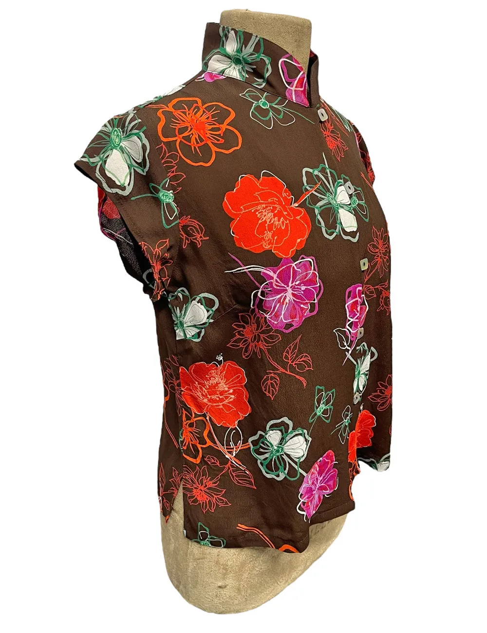 Chocolate Brown Spring Floral Mandarin Collar Tea Timer Top