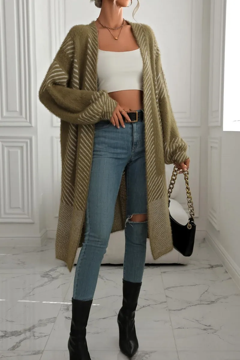 Chouyatou Women's Color Block Striped Fuzzy Long Cardigan Sweaters Open Front Diagonal Stripe Knit Cardigan Jacket Coat