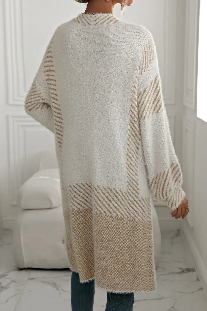 Chouyatou Women's Color Block Striped Fuzzy Long Cardigan Sweaters Open Front Diagonal Stripe Knit Cardigan Jacket Coat