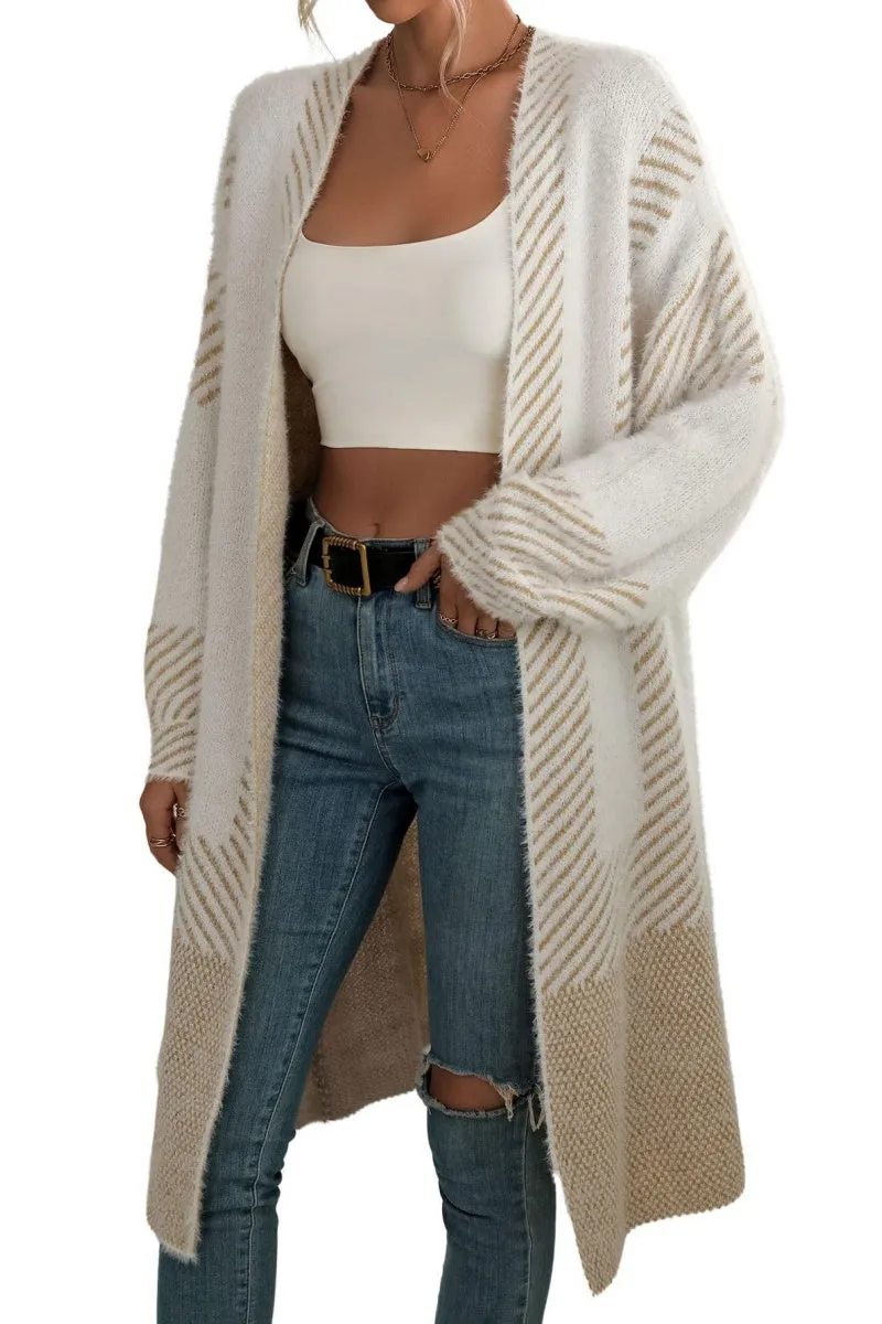 Chouyatou Women's Color Block Striped Fuzzy Long Cardigan Sweaters Open Front Diagonal Stripe Knit Cardigan Jacket Coat