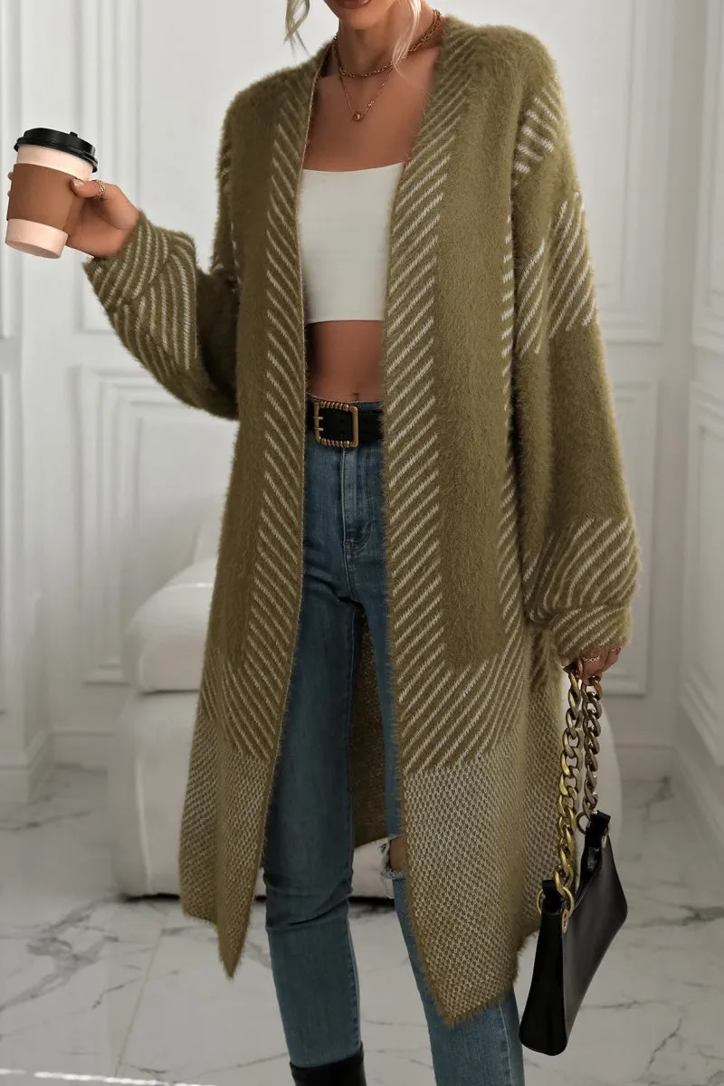 Chouyatou Women's Color Block Striped Fuzzy Long Cardigan Sweaters Open Front Diagonal Stripe Knit Cardigan Jacket Coat