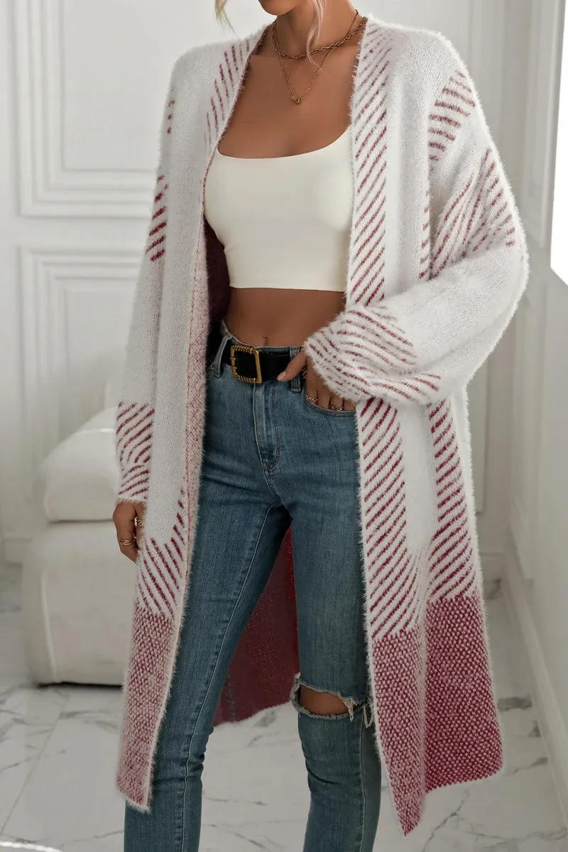 Chouyatou Women's Color Block Striped Fuzzy Long Cardigan Sweaters Open Front Diagonal Stripe Knit Cardigan Jacket Coat