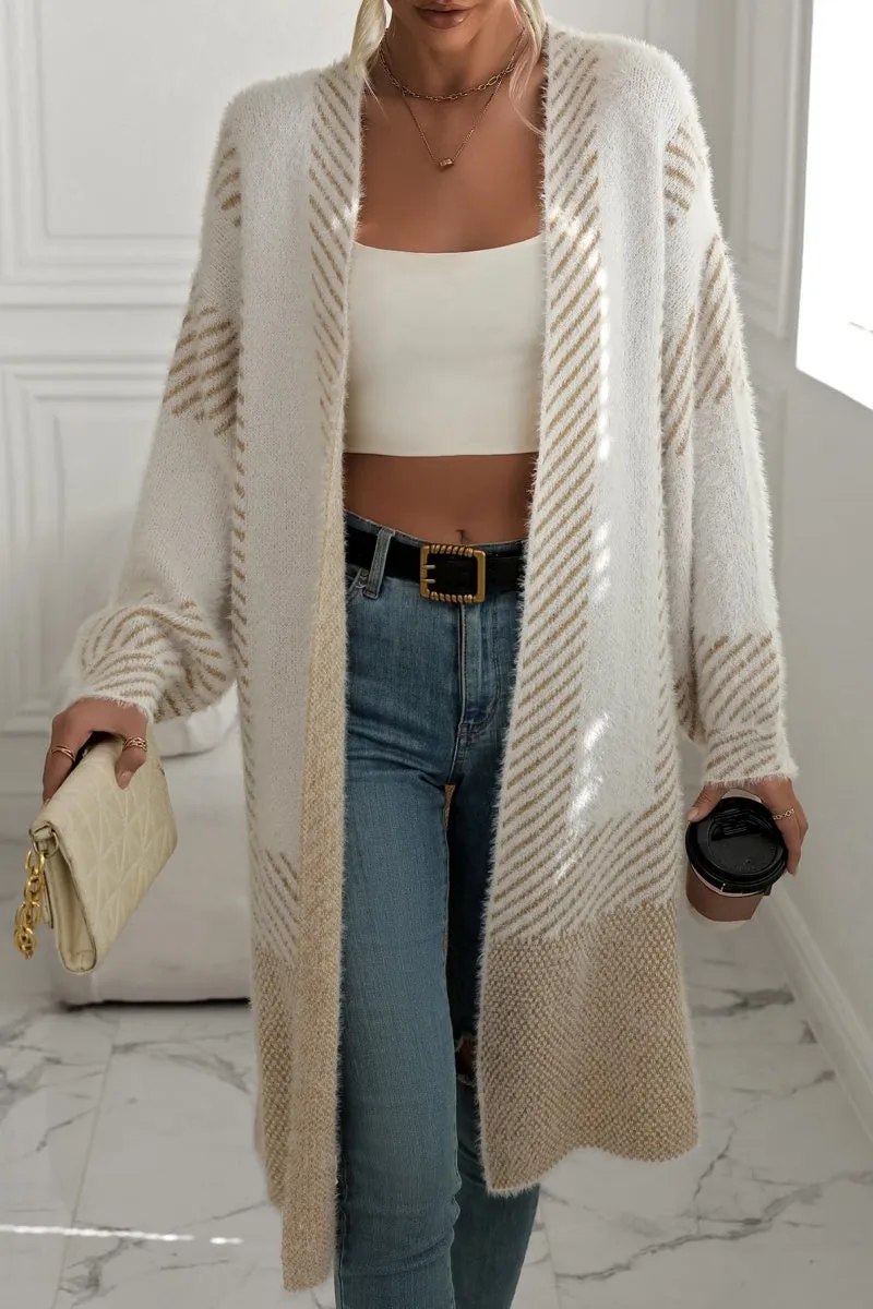 Chouyatou Women's Color Block Striped Fuzzy Long Cardigan Sweaters Open Front Diagonal Stripe Knit Cardigan Jacket Coat