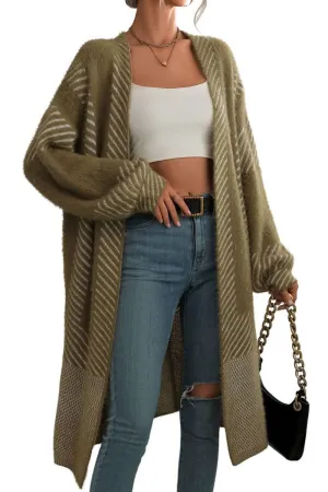 Chouyatou Women's Color Block Striped Fuzzy Long Cardigan Sweaters Open Front Diagonal Stripe Knit Cardigan Jacket Coat