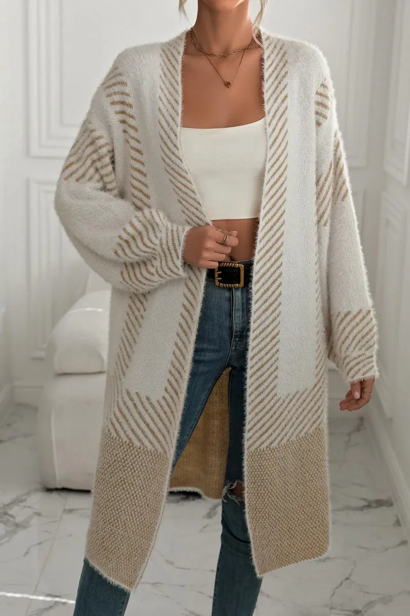 Chouyatou Women's Color Block Striped Fuzzy Long Cardigan Sweaters Open Front Diagonal Stripe Knit Cardigan Jacket Coat