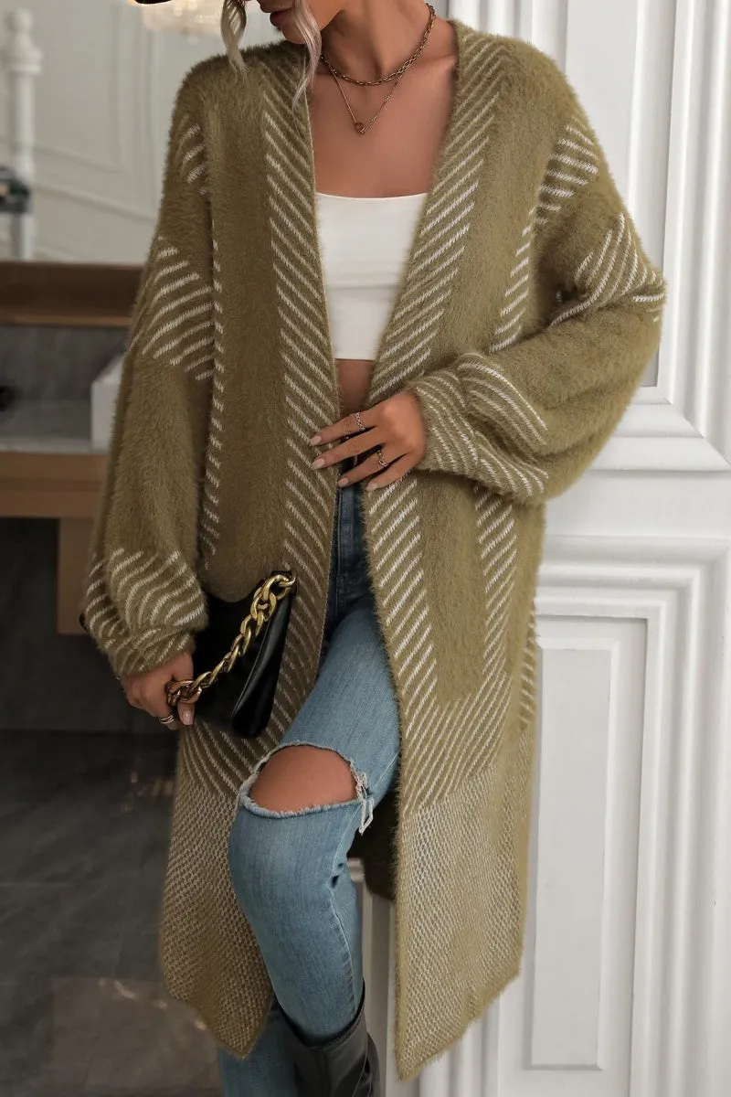 Chouyatou Women's Color Block Striped Fuzzy Long Cardigan Sweaters Open Front Diagonal Stripe Knit Cardigan Jacket Coat