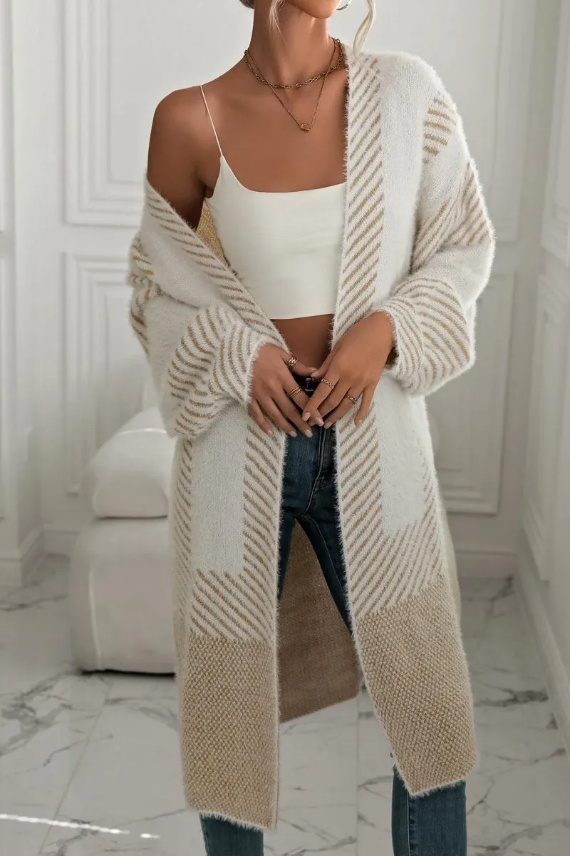 Chouyatou Women's Color Block Striped Fuzzy Long Cardigan Sweaters Open Front Diagonal Stripe Knit Cardigan Jacket Coat