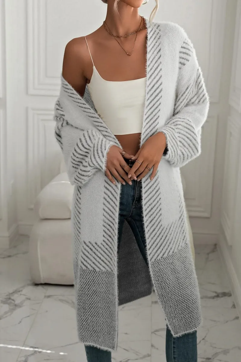 Chouyatou Women's Color Block Striped Fuzzy Long Cardigan Sweaters Open Front Diagonal Stripe Knit Cardigan Jacket Coat
