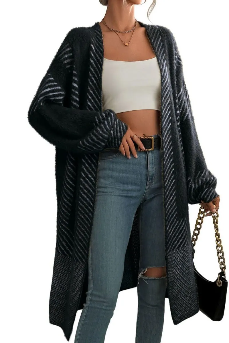 Chouyatou Women's Color Block Striped Fuzzy Long Cardigan Sweaters Open Front Diagonal Stripe Knit Cardigan Jacket Coat