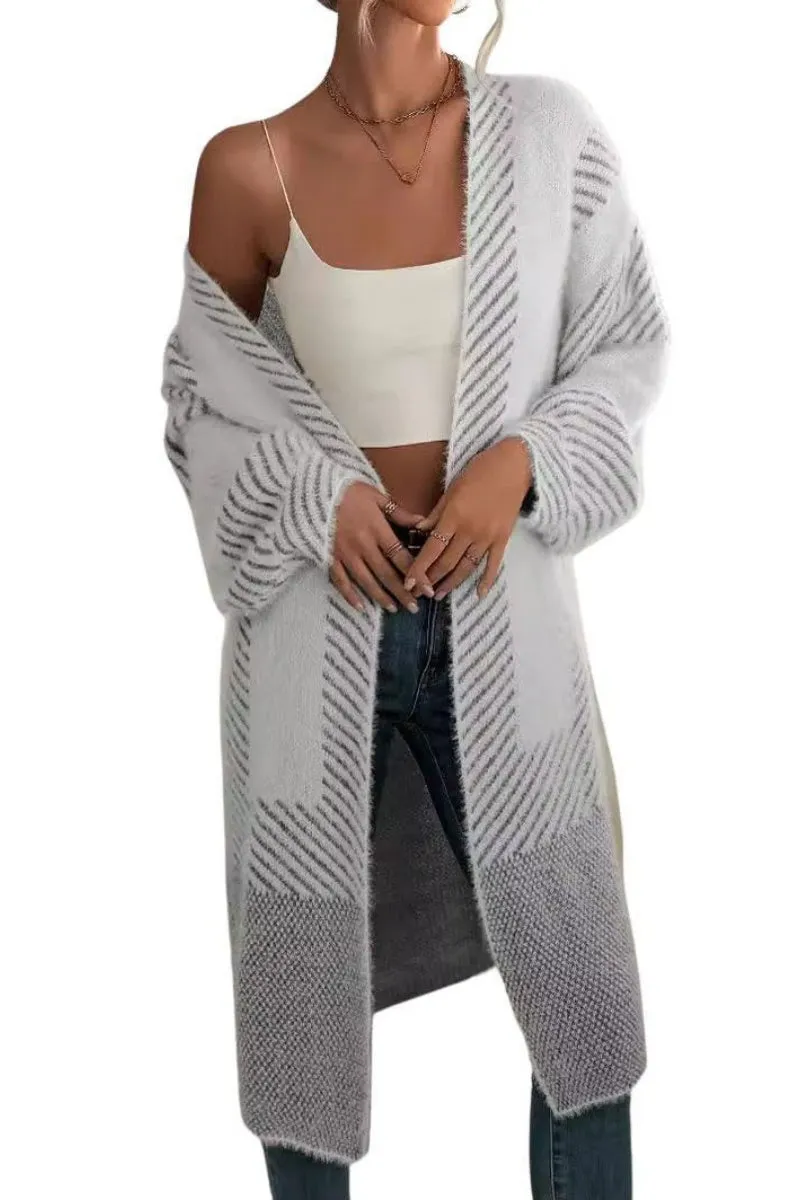 Chouyatou Women's Color Block Striped Fuzzy Long Cardigan Sweaters Open Front Diagonal Stripe Knit Cardigan Jacket Coat