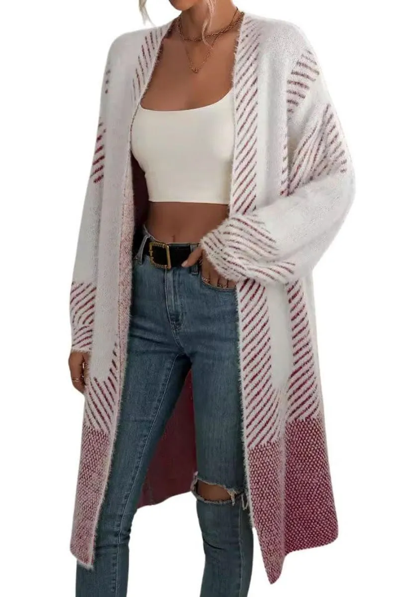 Chouyatou Women's Color Block Striped Fuzzy Long Cardigan Sweaters Open Front Diagonal Stripe Knit Cardigan Jacket Coat