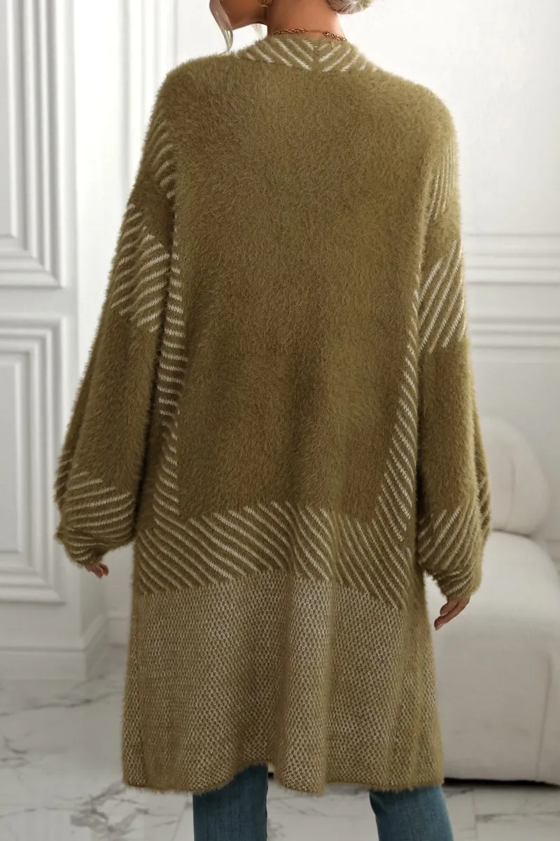 Chouyatou Women's Color Block Striped Fuzzy Long Cardigan Sweaters Open Front Diagonal Stripe Knit Cardigan Jacket Coat