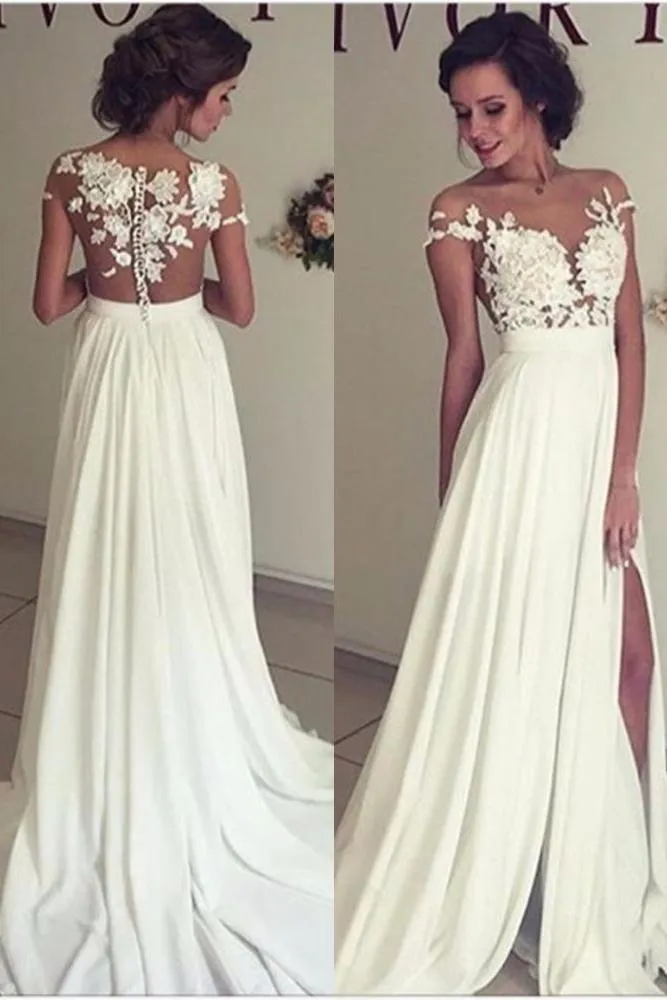 Classic Lace Appliques Wedding Dress Long Chiffon Split