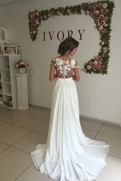 Classic Lace Appliques Wedding Dress Long Chiffon Split