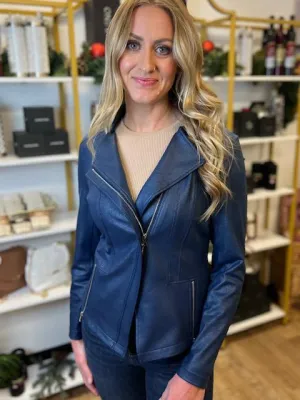 Classic Liquid "Leather" Knit Jacket in Navy by Clara Sun Woo