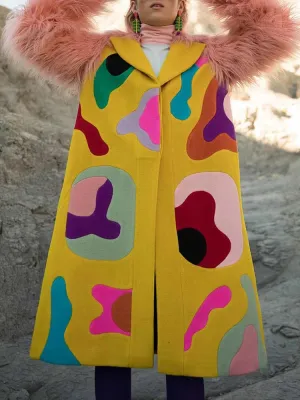 Color-Block Loose Long Sleeves Split-Joint Feathers Lapel Collar Cardigan Coats