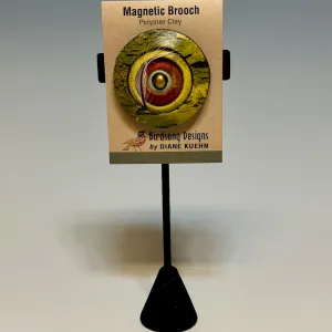 CONCENTRIC POLYMER CLAY MAGNETIC BROOCH WITH CULTURED PEARL CENTER AND FEATHER ACCENT  PCB656