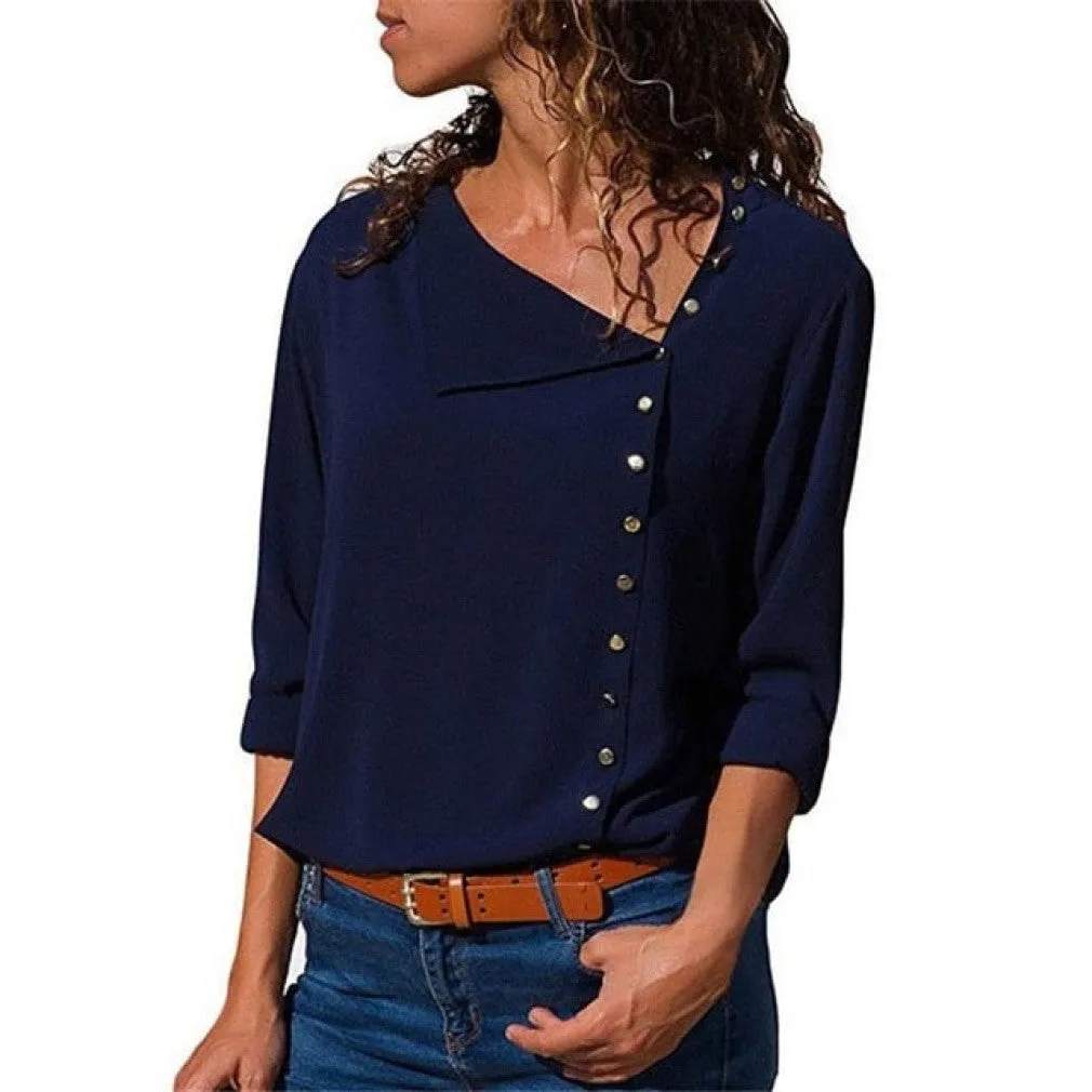 ContiNent 33 Women Tops And Blouses Fashion Long Sleeve Skew Collar Chiffon Blouse Casual Tops Plus Size Elegent Work Wear Shirt