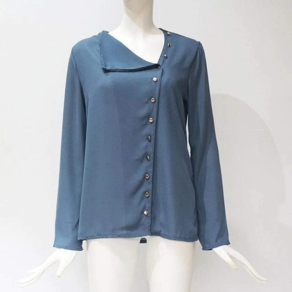 ContiNent 33 Women Tops And Blouses Fashion Long Sleeve Skew Collar Chiffon Blouse Casual Tops Plus Size Elegent Work Wear Shirt
